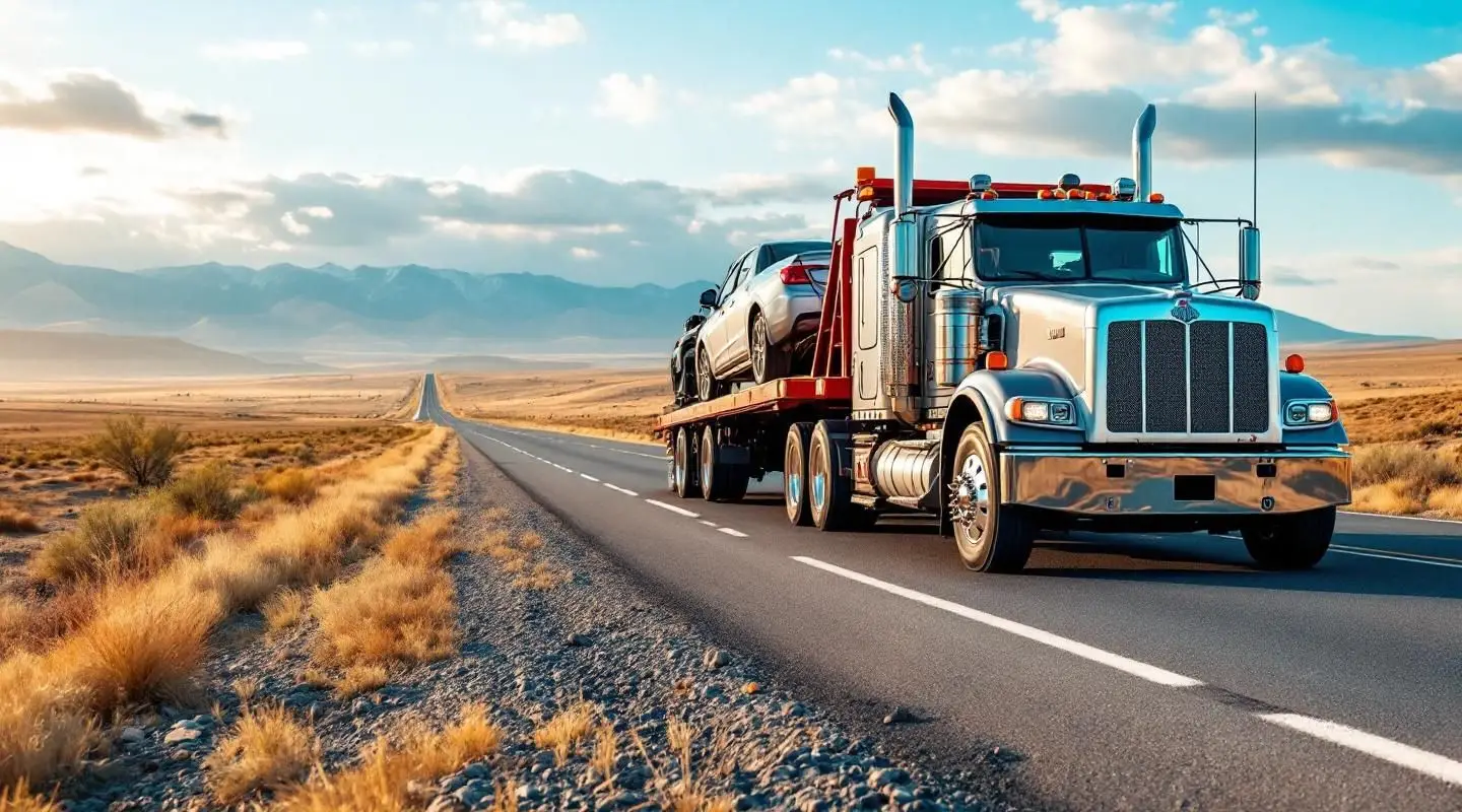 A modern flatbed tow truck transporting a vehicle safely down an open highway under a twilight sky near Baton Rouge.