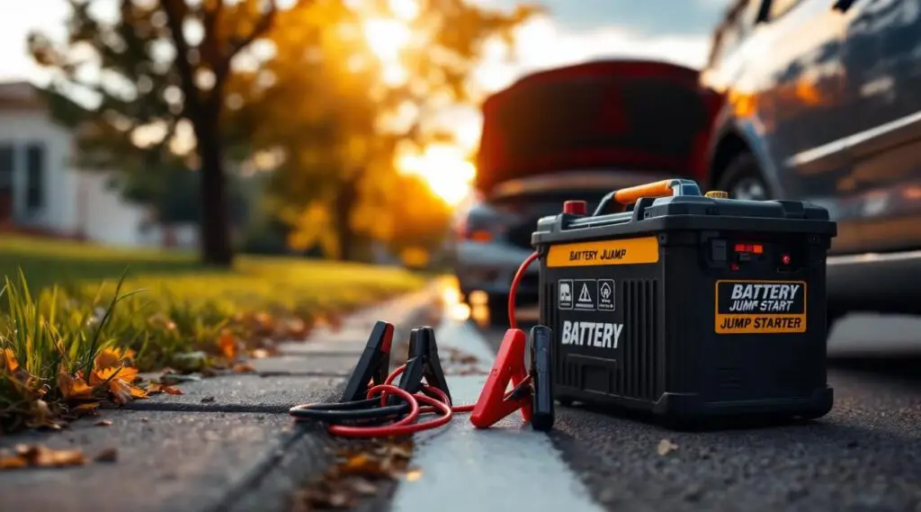 A professional roadside technician jump starting a car battery with a heavy-duty booster pack in Baton Rouge during a humid evening.