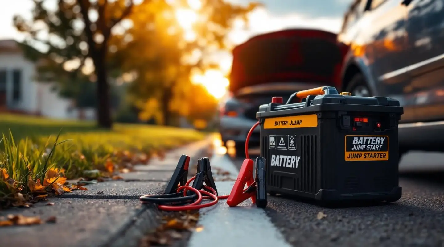 A professional roadside technician jump starting a car battery with a heavy-duty booster pack in Baton Rouge during a humid evening.