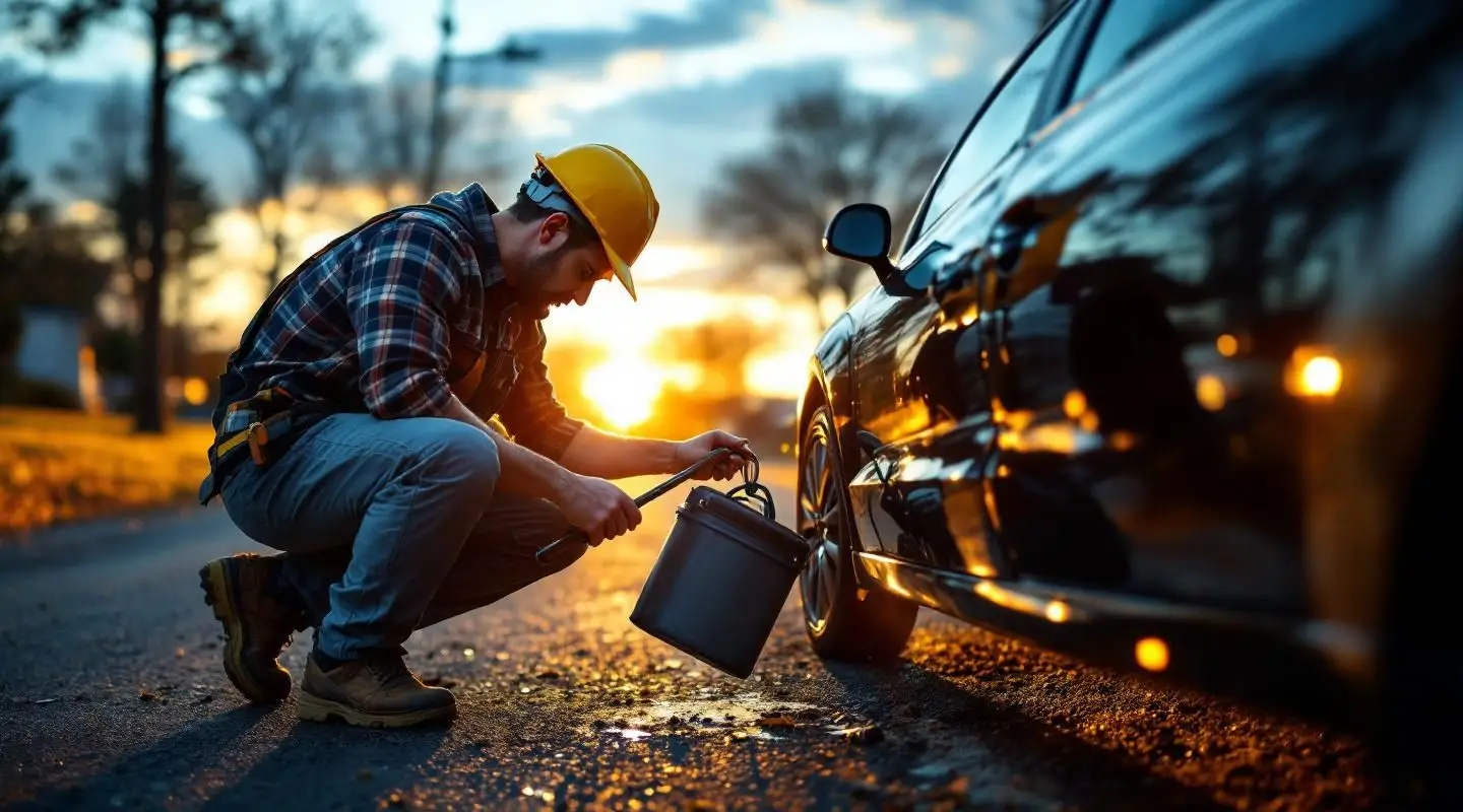 A professional roadside technician safely unlocking a vehicle door using specialized lockout tools in Baton Rouge at dusk.