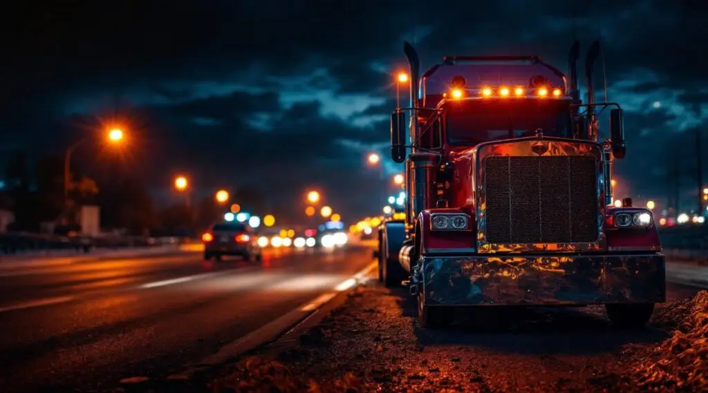 A flatbed tow truck with amber safety lights flashing, loading a disabled sedan on a Baton Rouge highway shoulder at night.