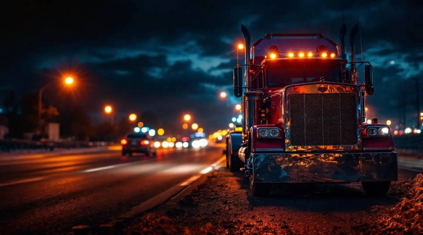 A flatbed tow truck with amber safety lights flashing, loading a disabled sedan on a Baton Rouge highway shoulder at night.