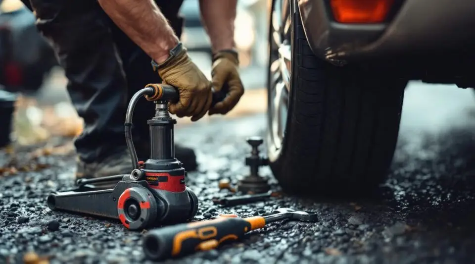 A Nightrider Towing service technician changing a flat tire on a vehicle parked safely on a Baton Rouge highway shoulder.