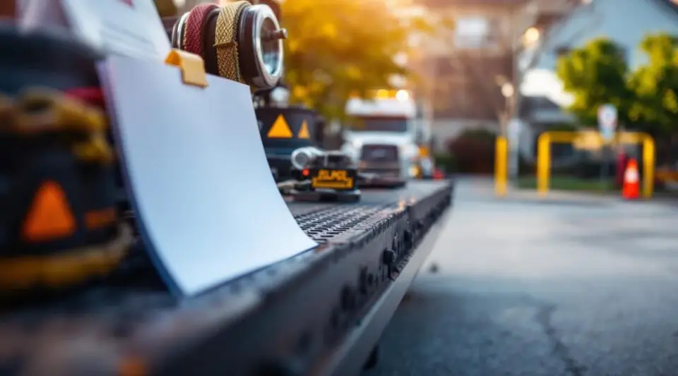 A flatbed tow truck removing an illegally parked vehicle from a commercial business lot in Baton Rouge at dusk.