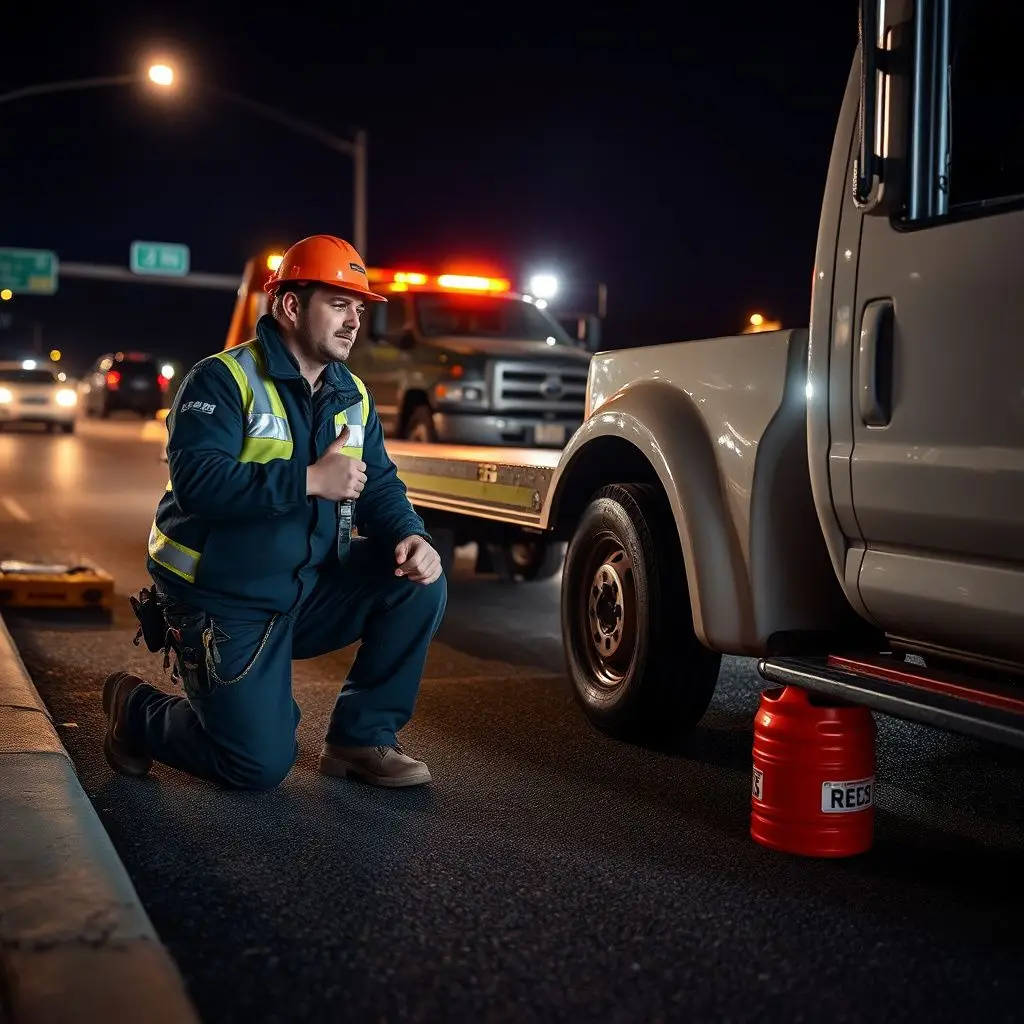 A clean, modern flatbed tow truck parked safely under a streetlamp on a Port Allen street at night, ready for dispatch.