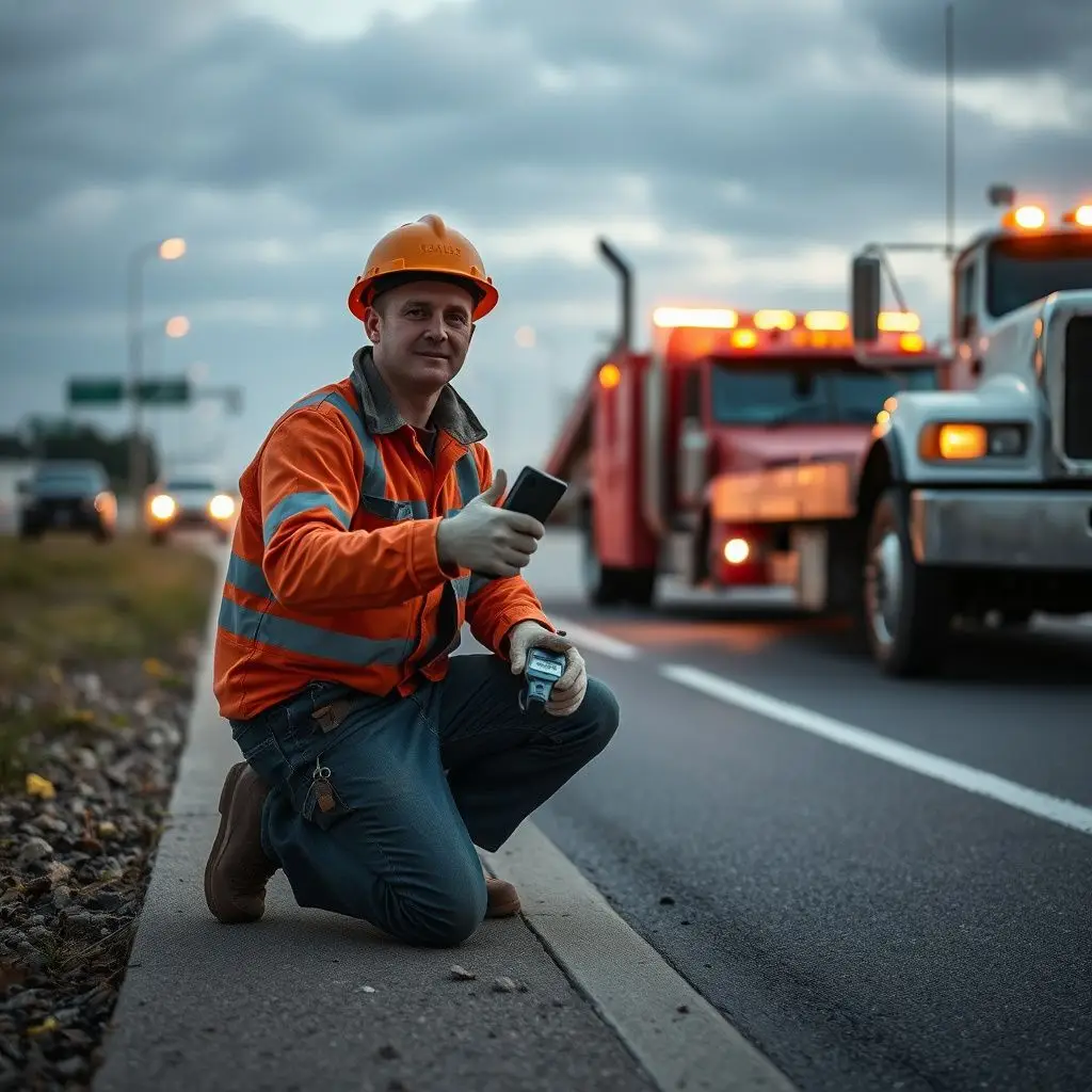 A tow truck operator in high-visibility safety gear standing next to a clean flatbed tow truck in Central, LA