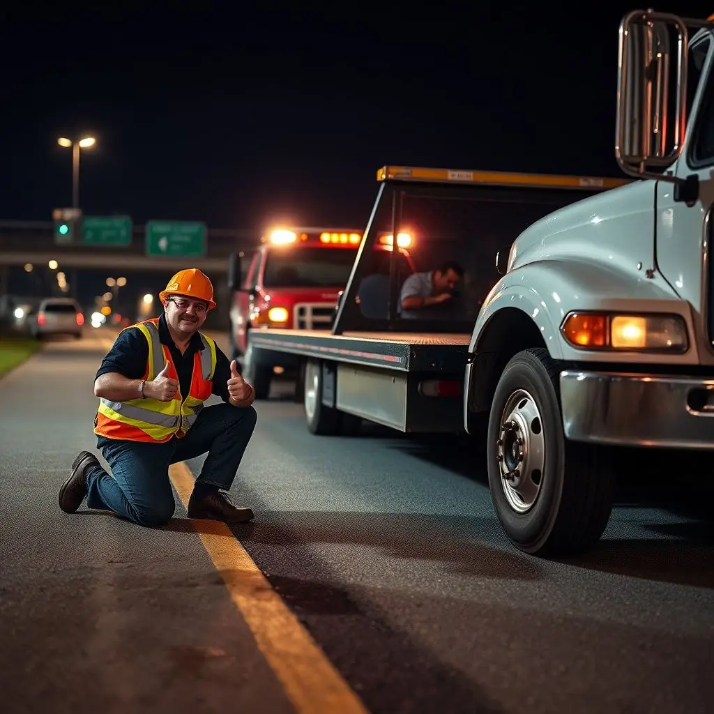 A professional tow truck operator in high-visibility safety gear preparing a flatbed tow truck in Zachary, LA.